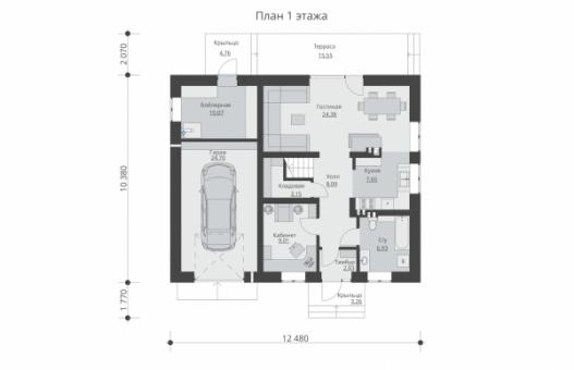 Проект индивидуального одноэтажного жилого дома с мансардой, террасой, гаражом и балконами