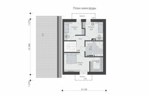 Проект индивидуального одноэтажного жилого дома с мансардой, террасой, гаражом и балконами